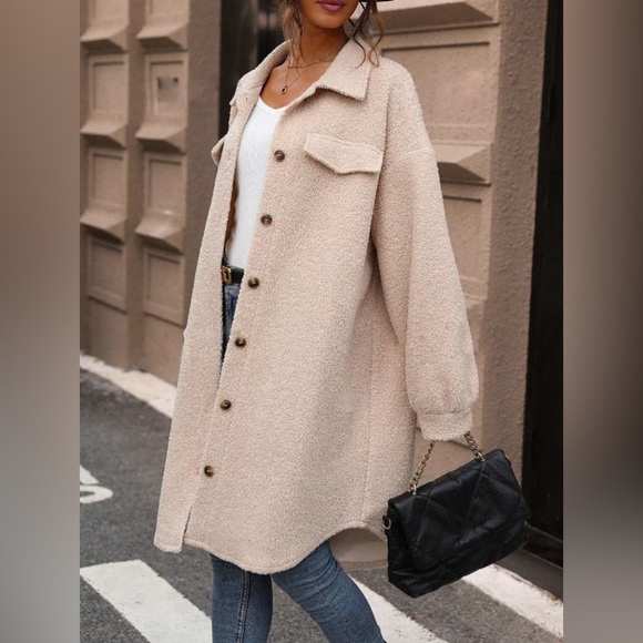 Button Up Drop Shoulder Sherpa Coat - Picture 3 of 6